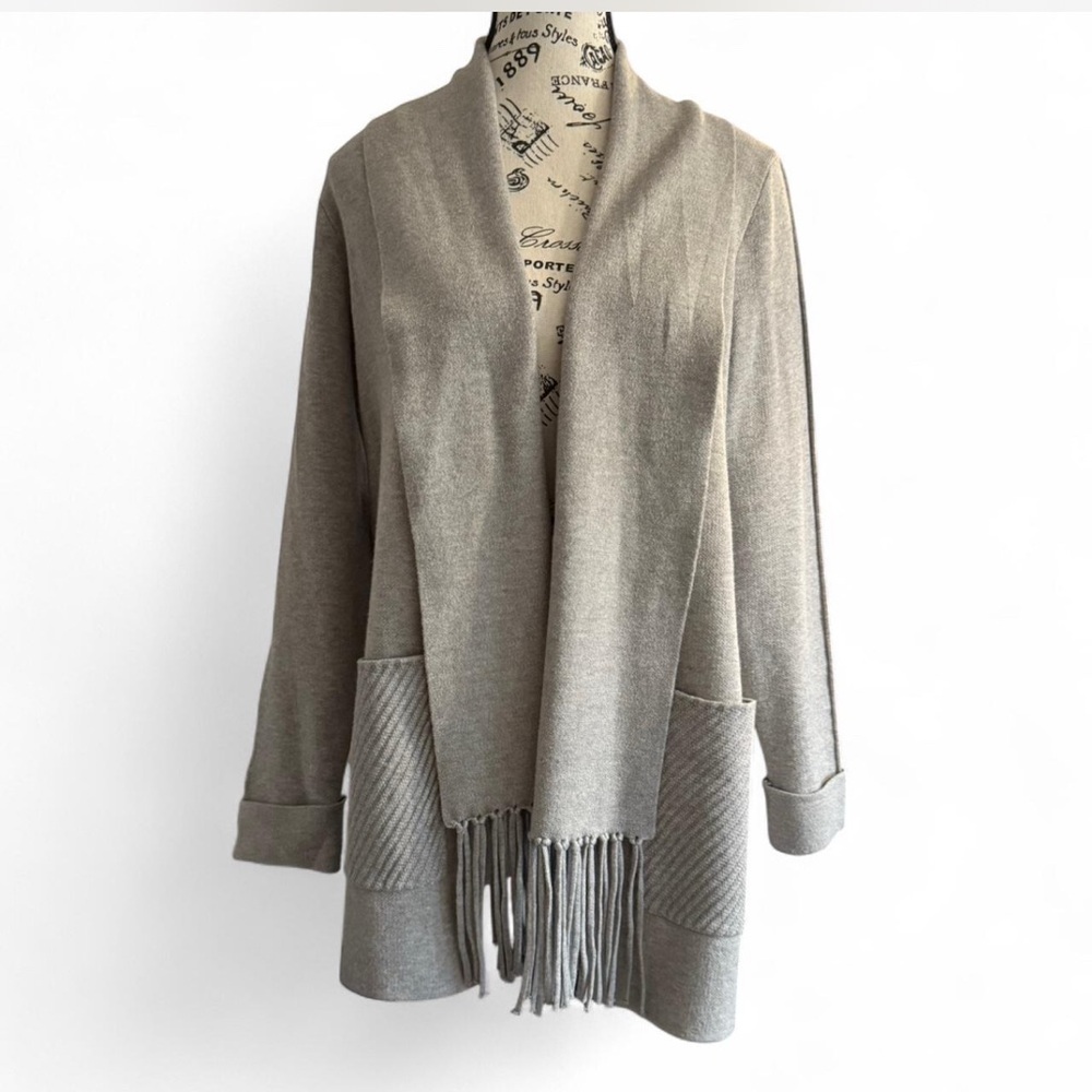 Magaschoni Gray Cardigan Sweater with Fringe